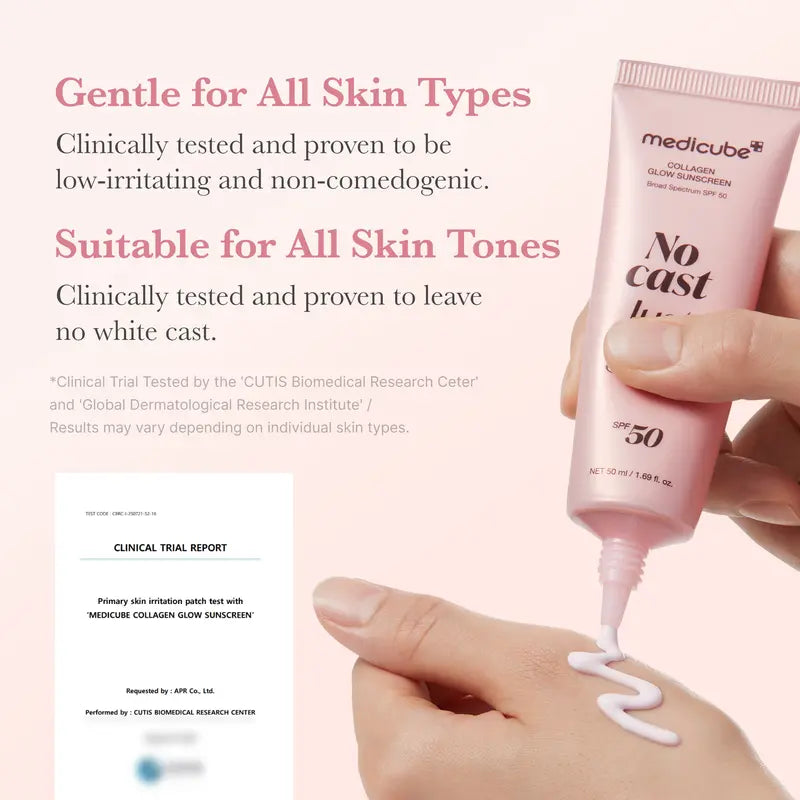 No Cast Just Glow Collagen Sunscreen | SPF 50 Broad Spectrum Face Sunscreen | Lightweight, Non-Sticky, Hydrating Formula | No White Cast or Residue | Peptide, Cica for Soothing & Natural Glow