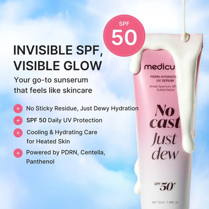 No Cast Just Dew PDRN Hydrating UV Sun Serum | Daily Lightweight Sunscreen SPF 50 | PDRN, Panthenol | Daily Use for All Skin Types (50ml)